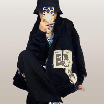 Campus Style Fabric Patch Hoodie Sports Loose Hooded Cardigan Street Zipper Jacket for Women