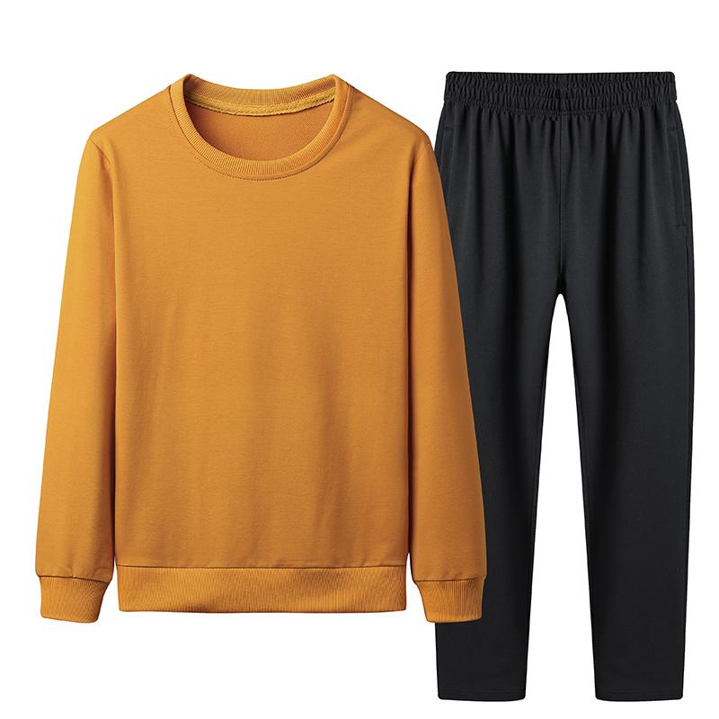 Traje grande de algodón para hombre, ropa deportiva de dos piezas de Color sólido, ropa informal pública, suéter de cuello redondo, pantalones