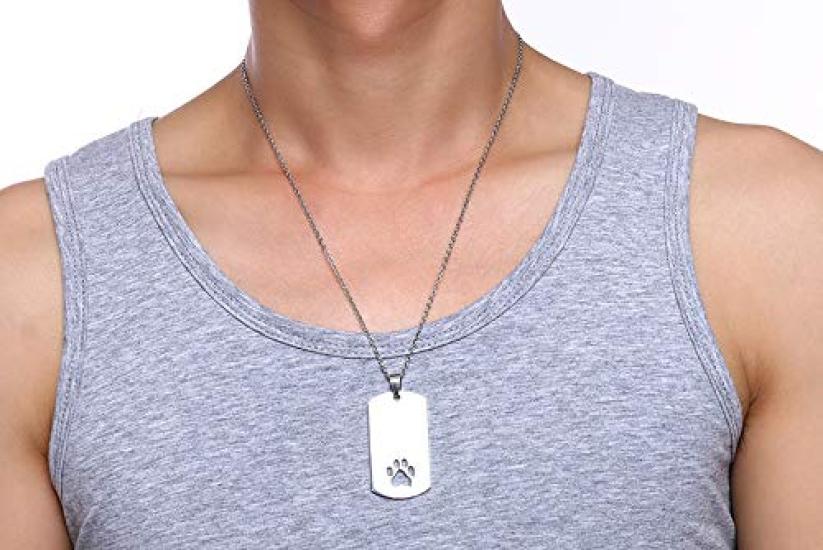 Rockyu Jewelry Brand Necklace for Men Plate Titanium Chain Silver Cat Dog Paw Print Pendant Necklace Simple Stylish Anniversary Popular Gift (Cat Tag)