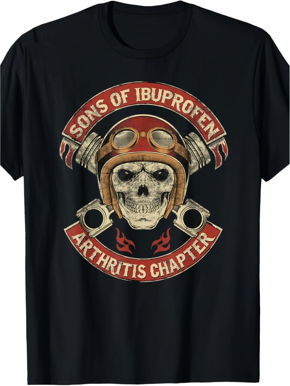 MenS Vintage Sons of Ibuprofen Biker TShirt Funny Arthritis Chapter Design with Skull Goggles Red White Graphic Print S