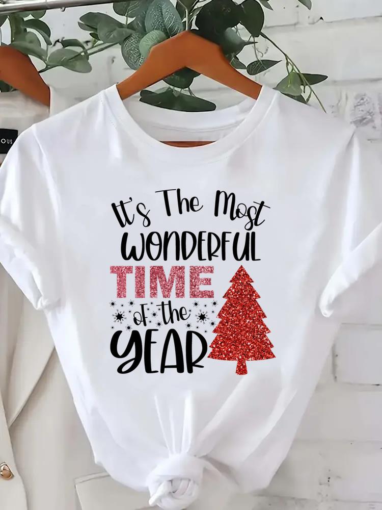 (Asian Size) Watercolor Cute 90s Short Sleeve T-shirts  Print Merry Christmas O-neck Women's Top New Year T Clothing Fashion Holiday Graphic Tee