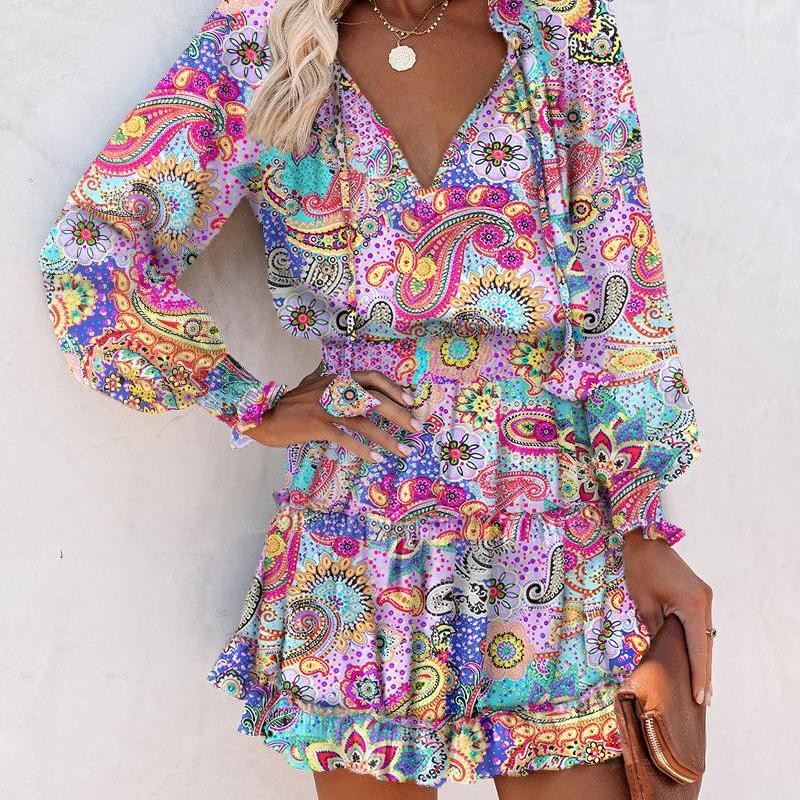 

New Long Sleeved V-neck Fashion Print Waist Wrap Dress XXL фіолетовий