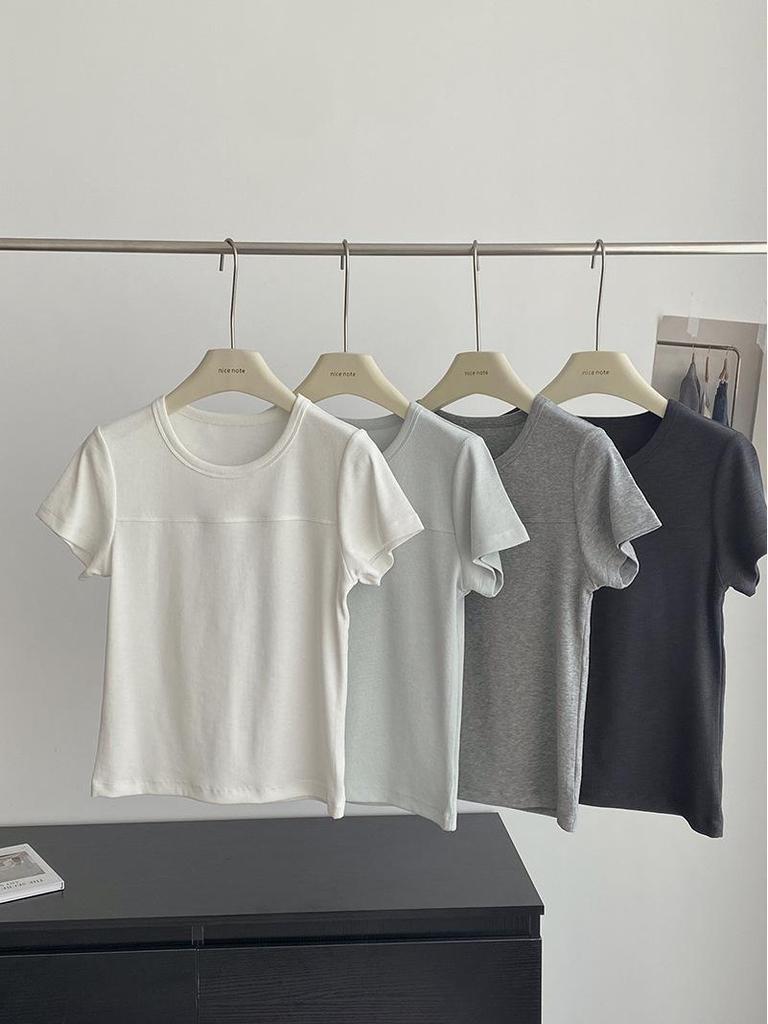 2026 Minimalist Bamboo Ribbed Round Neck Short Sleeve Solid Color Casual T-shirt