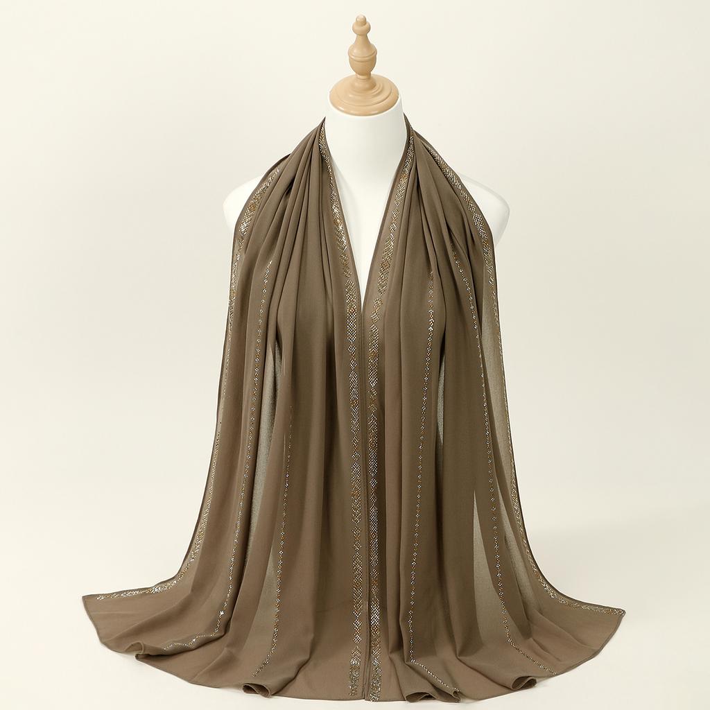 New Rhinestone Chiffon Hijab Scarf Women Muslim Hijab Shawl Plain Soft Headband Fashion Solid Color Long Muffler Islam Turban