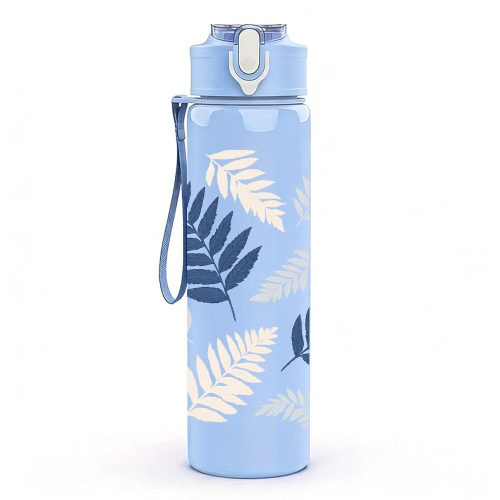 1PC Blue Grey Fern Leaf Pattern Print 750ml Color Plastic Sports Water Bottle Leakproof Flip Straw Lid Suitable for Sports Office Home Use