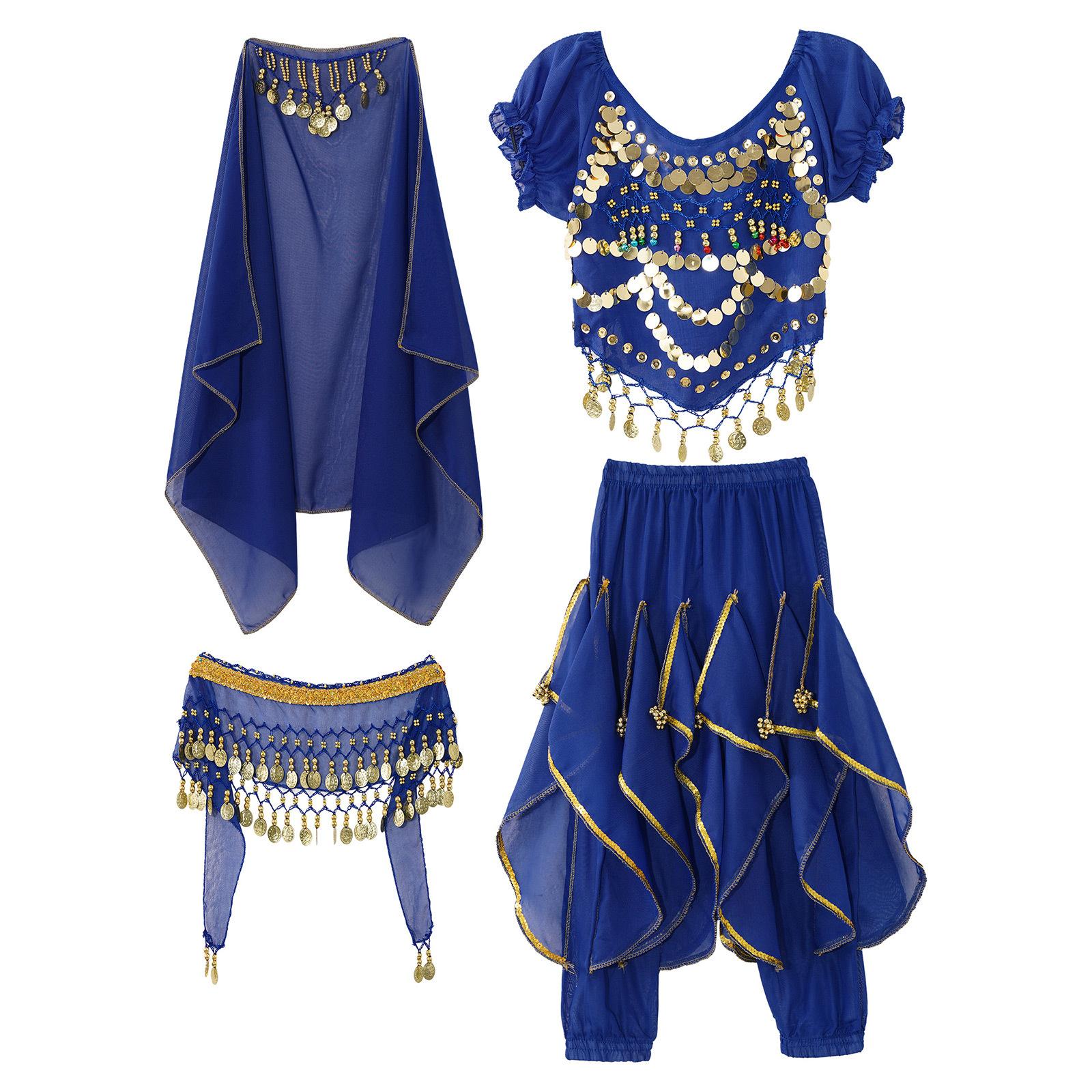 

Girls Belly Dance Costume 4-Piece Set Lace-Up Back Puff Sleeve Crop Top Ruffled Pants with Hip Scarf and Headscarf королівський синій колір