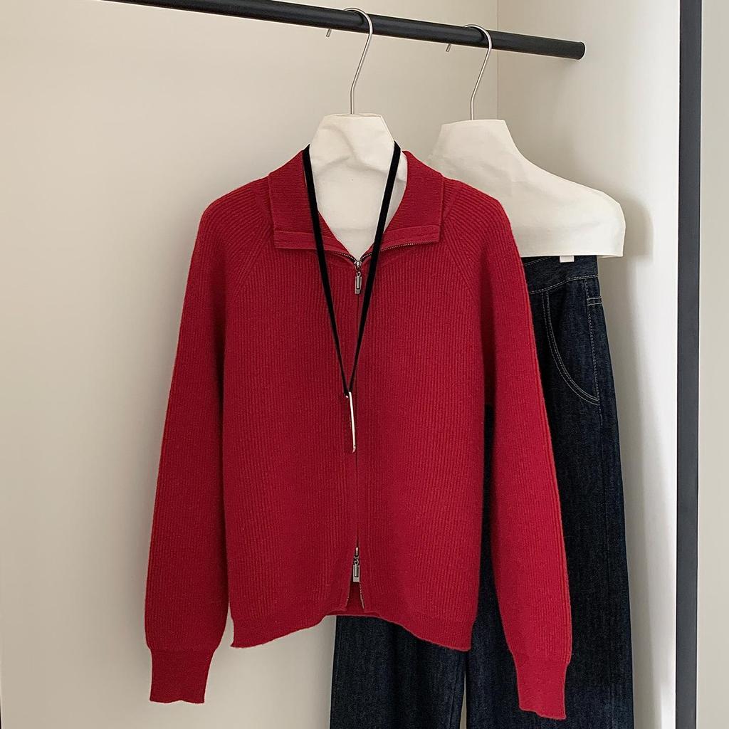 2026 Autumn/Winter Women's Pure Wool Zipper Stand Collar Knit Cardigan Sweater