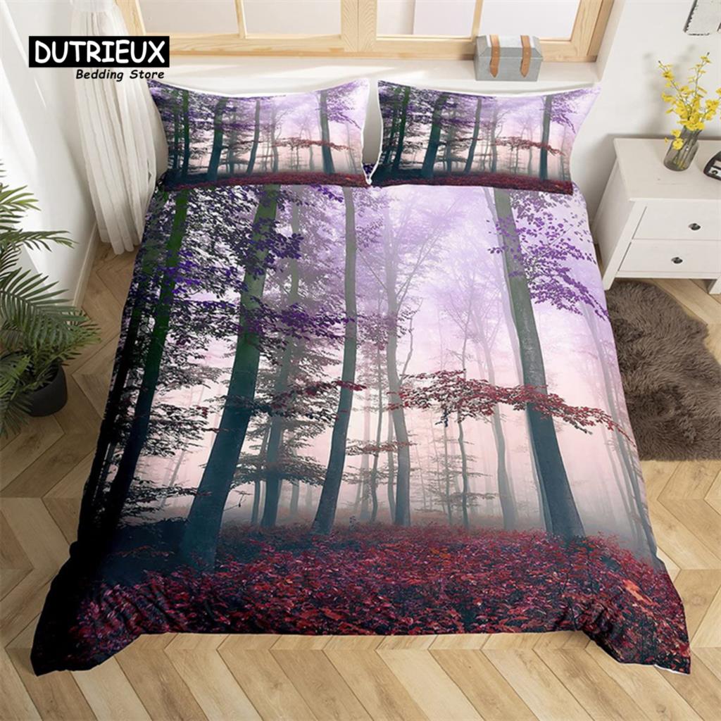 Dense Birch Trees with Red Leaves Duvet Cover Tree Lush King Bedding Set Polyester Jungle Nature Botanical Print Comforter Cover