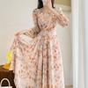 2024 Spring Retro Chiffon Floral Dress: Waist-Hugging Long Sleeve Tea Break Style for Women
