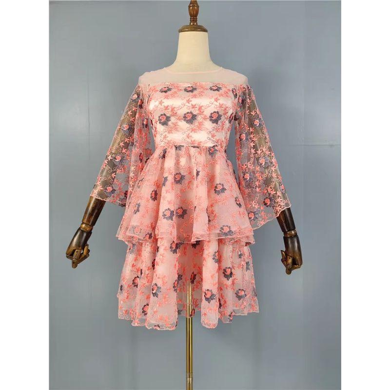 

French Style Elegance Lady Mesh Embroider Flower Pink Perspective Fashion 3/4 Flare Sleeve Dress Cake Dress Pink M