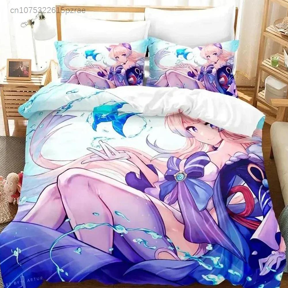 Anime Genshin Impact Sangonomiya Kokomi Bedding Set Printed With Pillowcase Bed Duvet Cover Soft Queen King Size Bedclothes Home