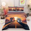 Semi Trucks Highway Sunset 3 Piece Bedding Set, Big Rig Road Duvet Cover Set for Men Boys Bedroom Decor Gift