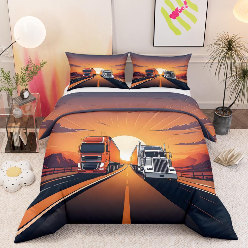 Semi Trucks Highway Sunset 3 Piece Bedding Set, Big Rig Road Duvet Cover Set for Men Boys Bedroom Decor Gift
