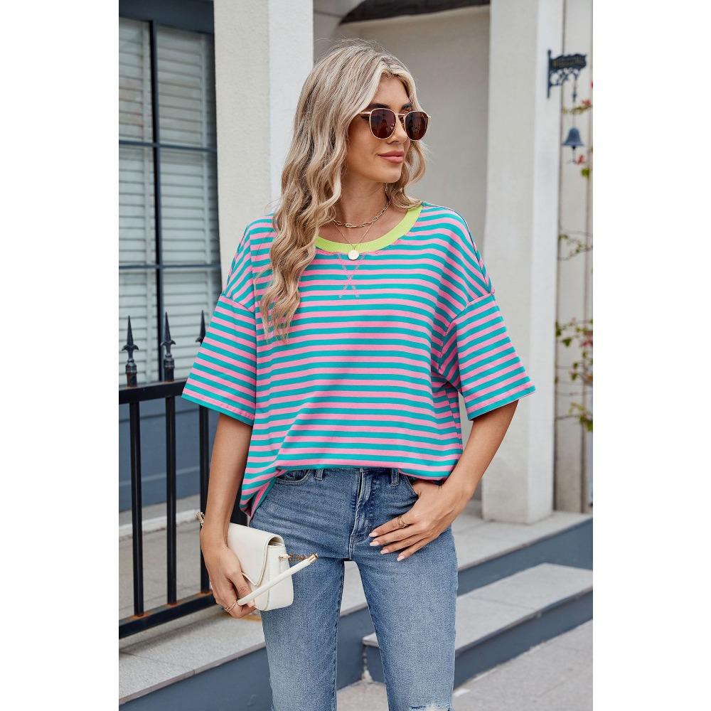 Frühling und Sommer Neues Damen Gestreiftes Kontrast-Lose Kurzarm-T-Shirt