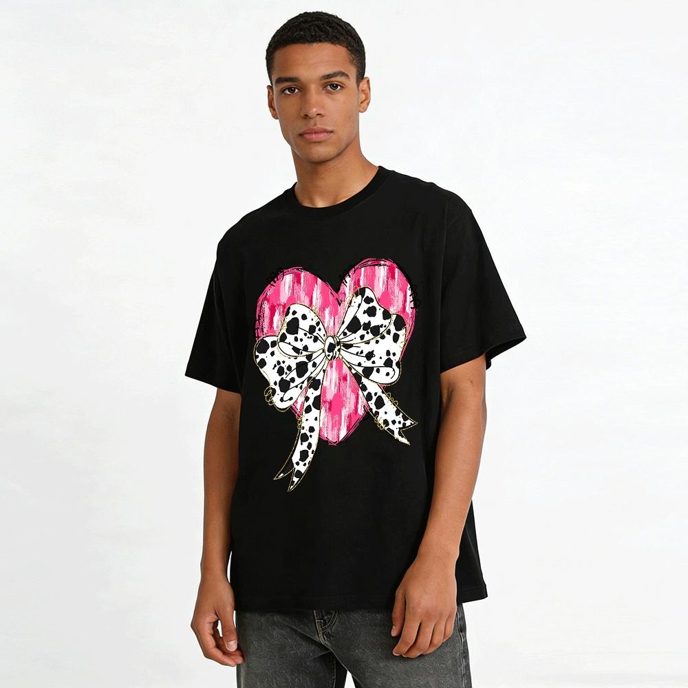 Pink Heart Leopard Print Bow Casual Top Pure cotton T-shirt