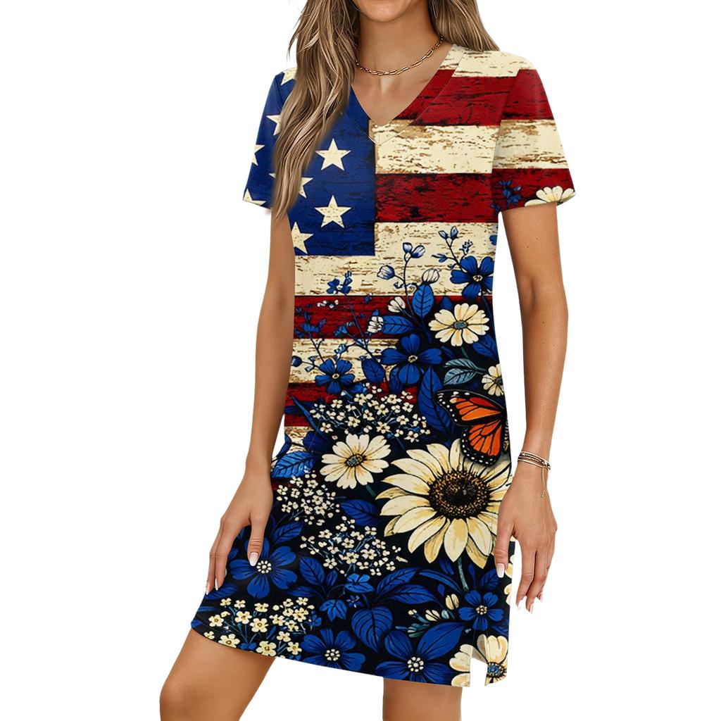 Women's Casual V-neck Short Sleeve Split Hem Independence Day Printed Dress