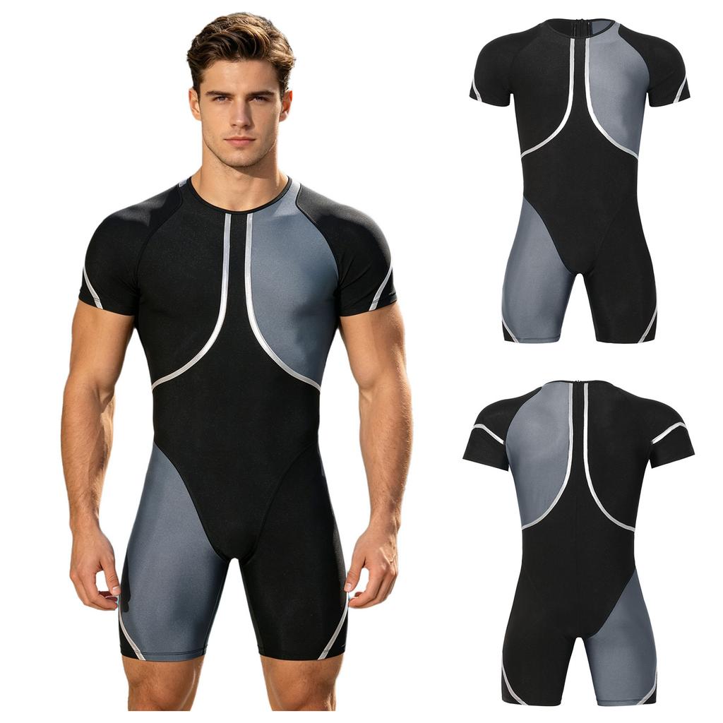 Men‘s Metallic Trim Color Block Swim Jumpsuit Short Sleeve Thigh Length Bodysuit with Back Hidden Zipper for Swimming Training