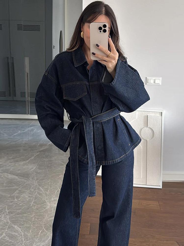 Spring/Summer 2025 Belted Denim Turn-down Collar Long-sleeve Pants Set