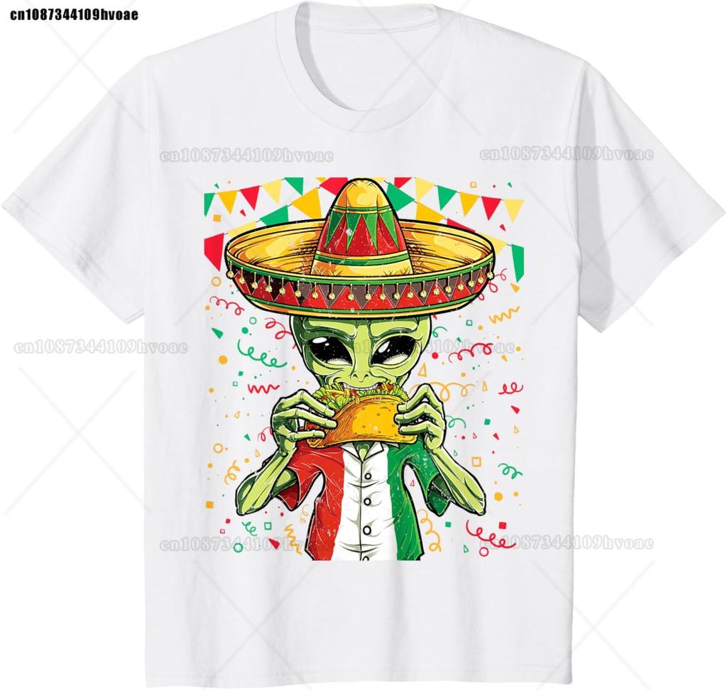 Alien Eating Taco Cinco De Mayo Unisex UFO Mexico Flag Sombrero T-Shirt