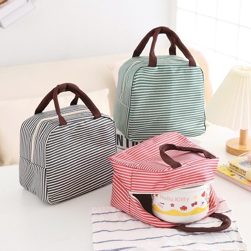 Striped Simple Insulated Lunch Bag Portable Handheld Storage Cooler Tote