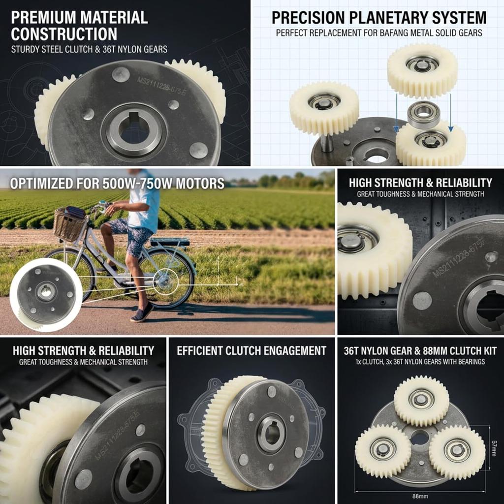 Electric Motor Gear Clutch Kit 36T, E Motor Gear Clutch Solid Nylon Gears for Electric 500W-750W, Planetary Gears for Electric Motor Replacement