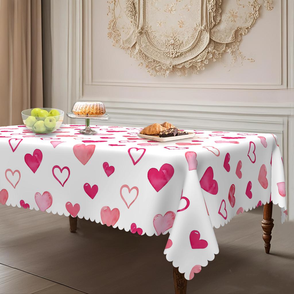 Pink Love Printed Tablecloth, Multi-Size Optional Waterproof Dining Table Cloth, Romantic Decorative Cover For Couples' Anniversary