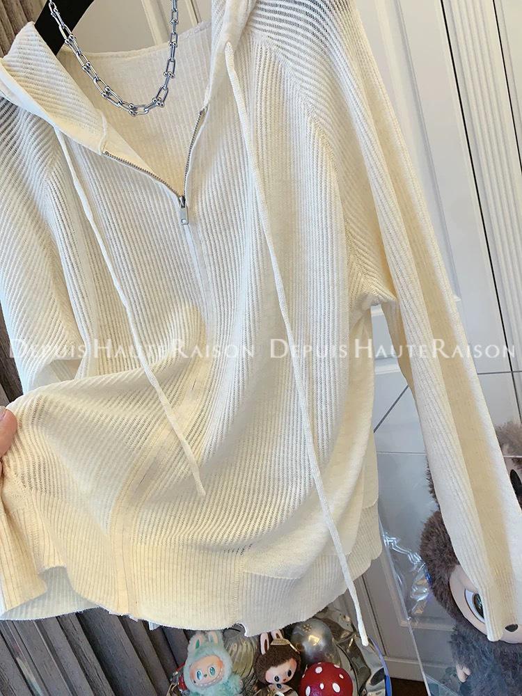 Plain Color Zipper Hooded Knit Jacket - Women's Casual Early Autumn Style