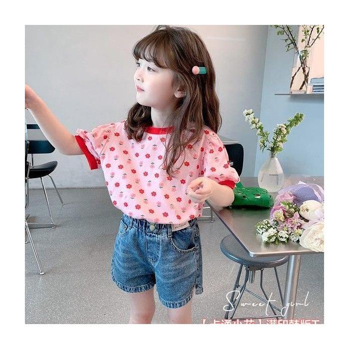 Girls Summer Short Sleeve T Shirt Korean Floral Print Cute Top Breathable Cotton Tee 100