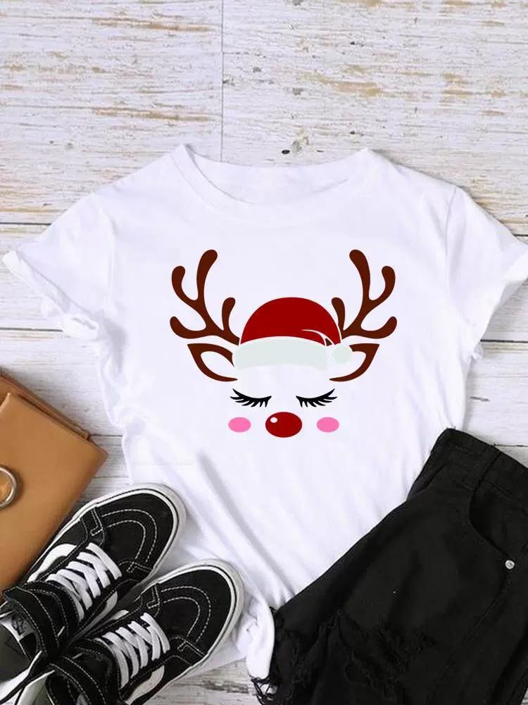 Christmas Womens Round Neck Short Sleeved Christmas Tree Reindeer Print Womens Loose Oversized Comfortable White Tshirt