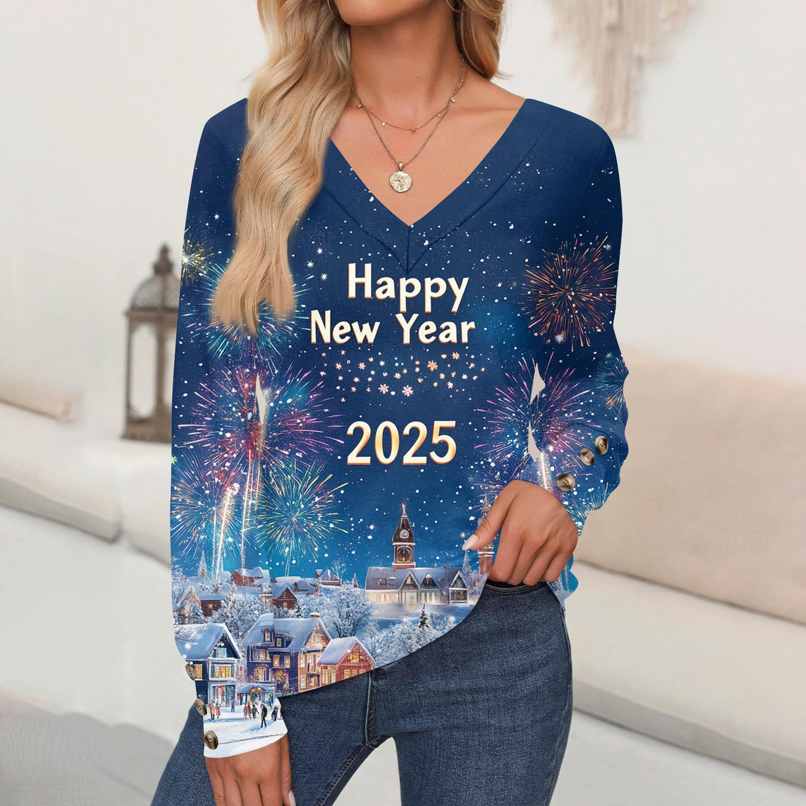 

Женская мода повседневный свитер с длинным рукавом и V-образным вырезом с рождественским принтом L тёмно-синий