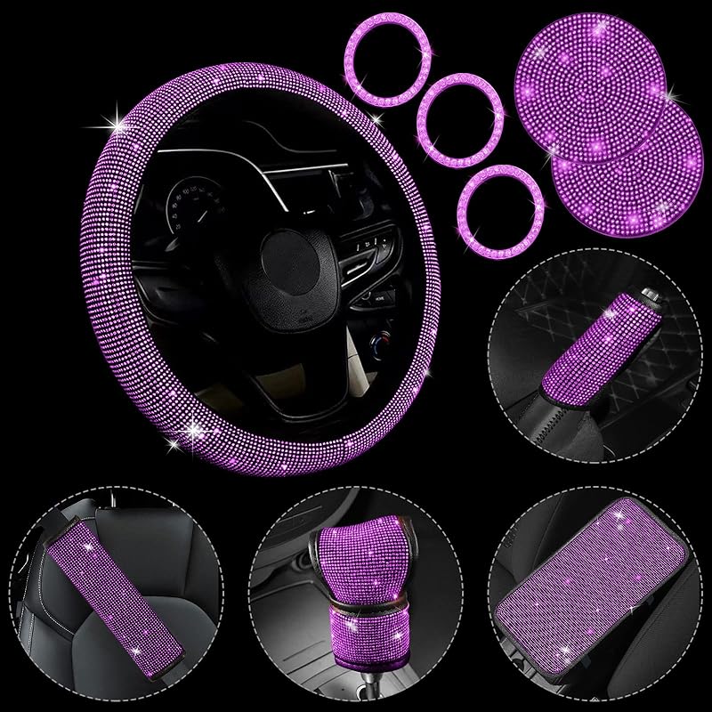 11 Pcs Bling Car Accessories Set,Bling Car Accessories Set For Women,Steering Wheel Cover For Women Universal Fit 15 Inch,Rhinestone Center Console