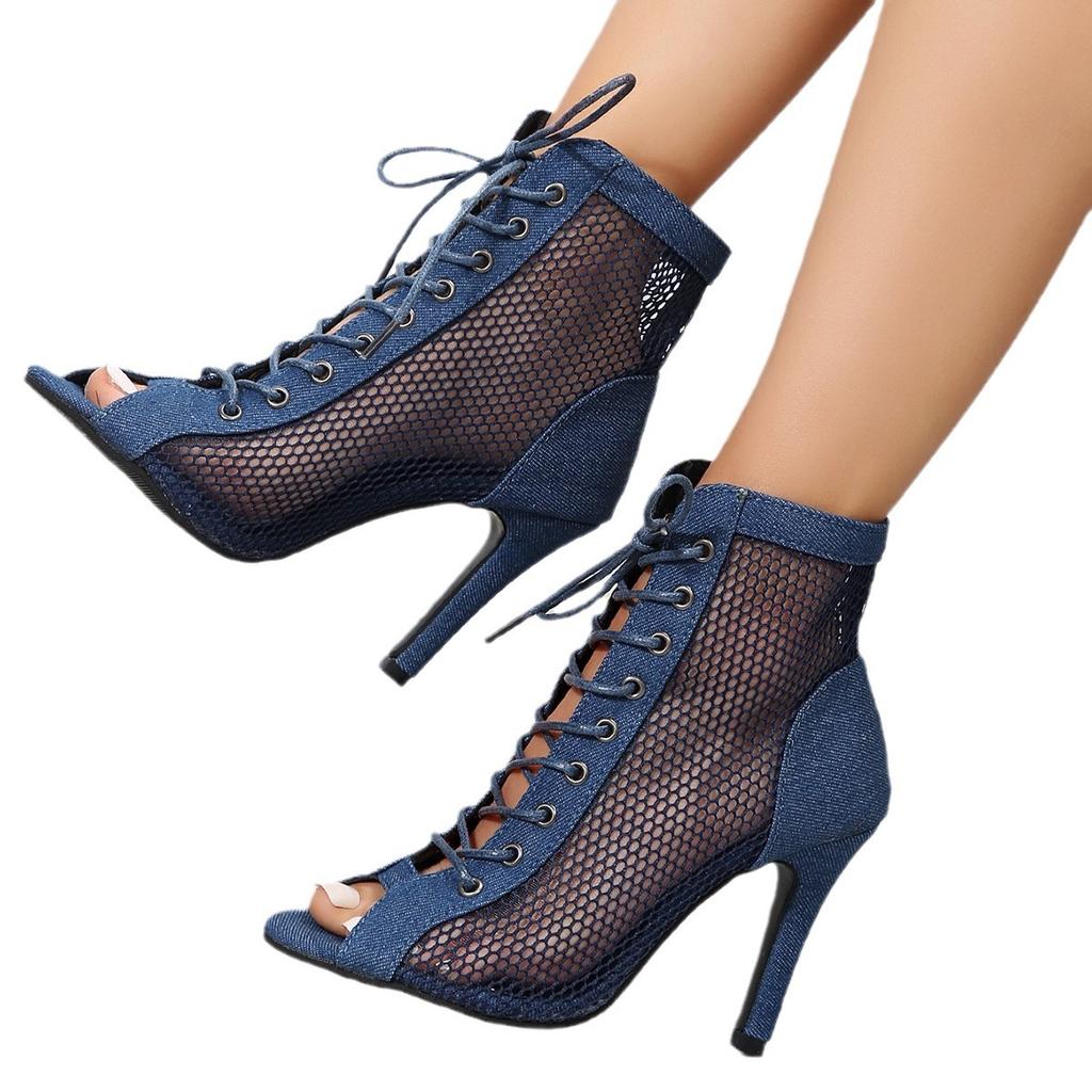 European and American new fine heel mesh fashion cross-lace-up sexy high heel large size women's shoes 20252025