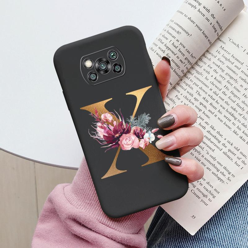 Letter Case For Poco X3 NFC PocoX3 Pro Back Cover Retro Flowers Pink Black Soft TPU Initial Fundas For Xiaomi Poco X 3 Pro Coque