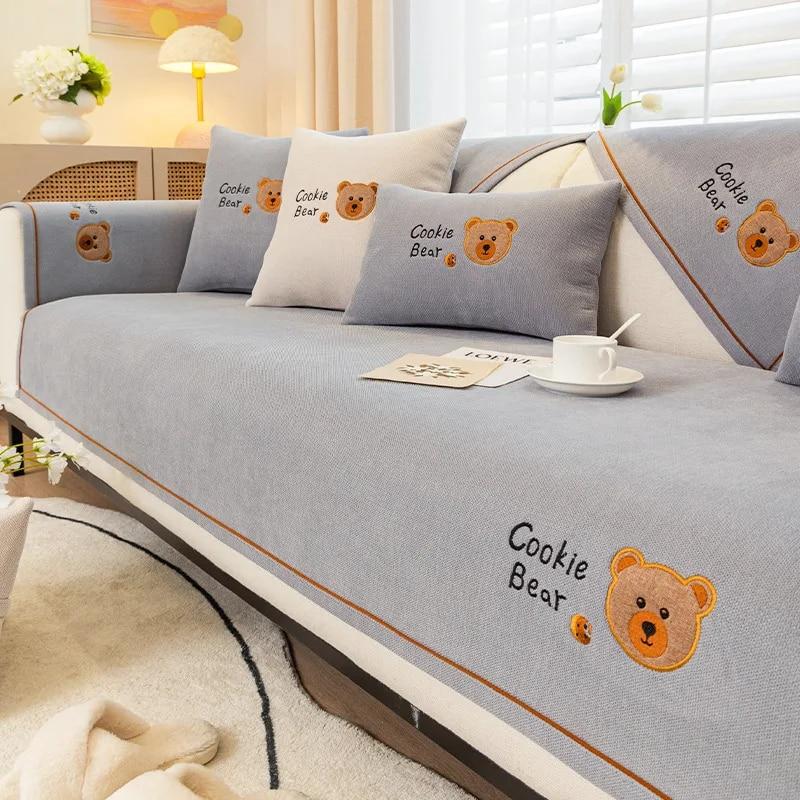 Neuer Sofabezug aus Chenille mit Cartoon-Motiv, einfarbig, universelle Anti-Rutsch-Sofabezüge für Wohnzimmer, Couchbezüge mit besticktem Bärenmotiv