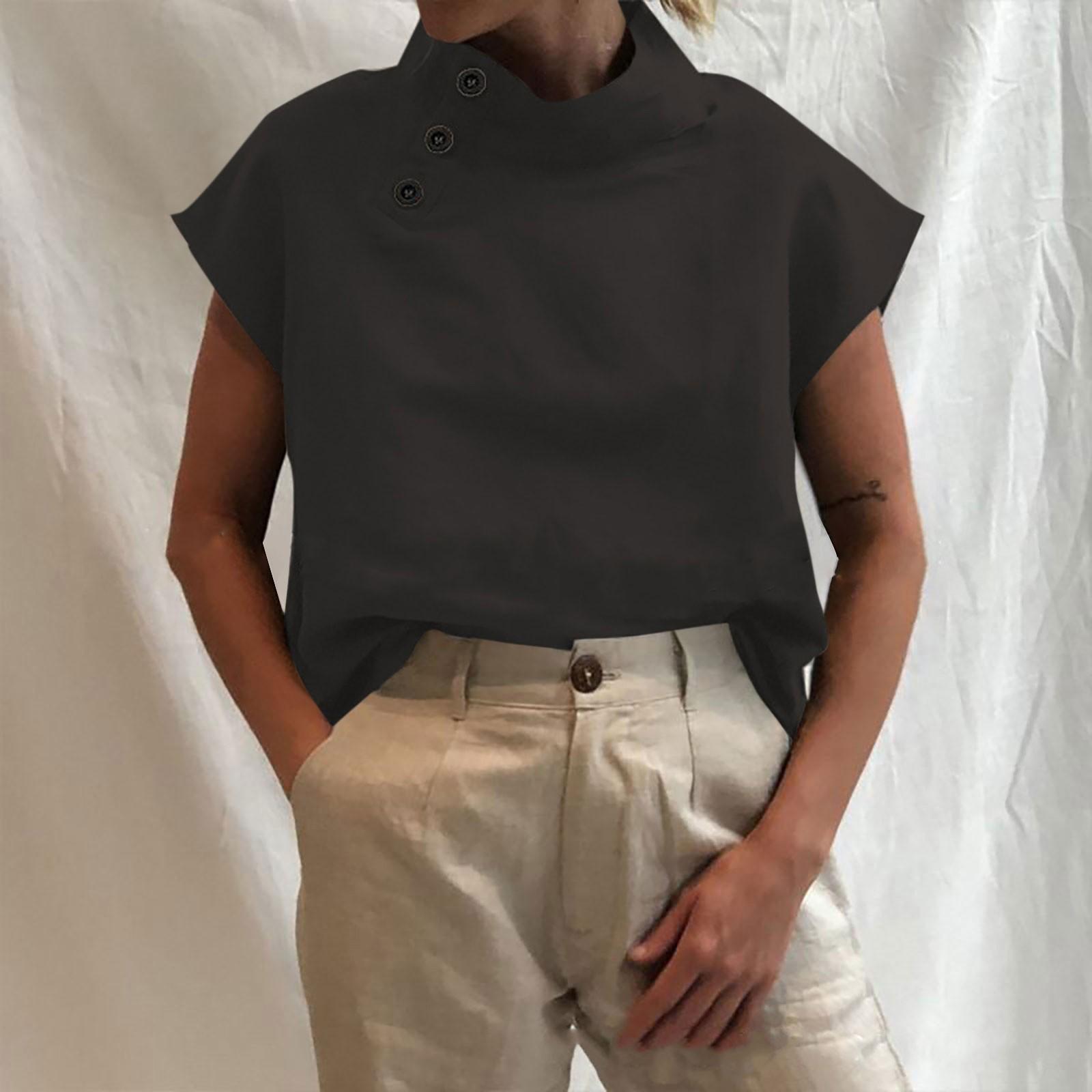 

Women s Color Short Sleeve Open Button Pullover Shirt Mock Neck Casual Top M чёрный