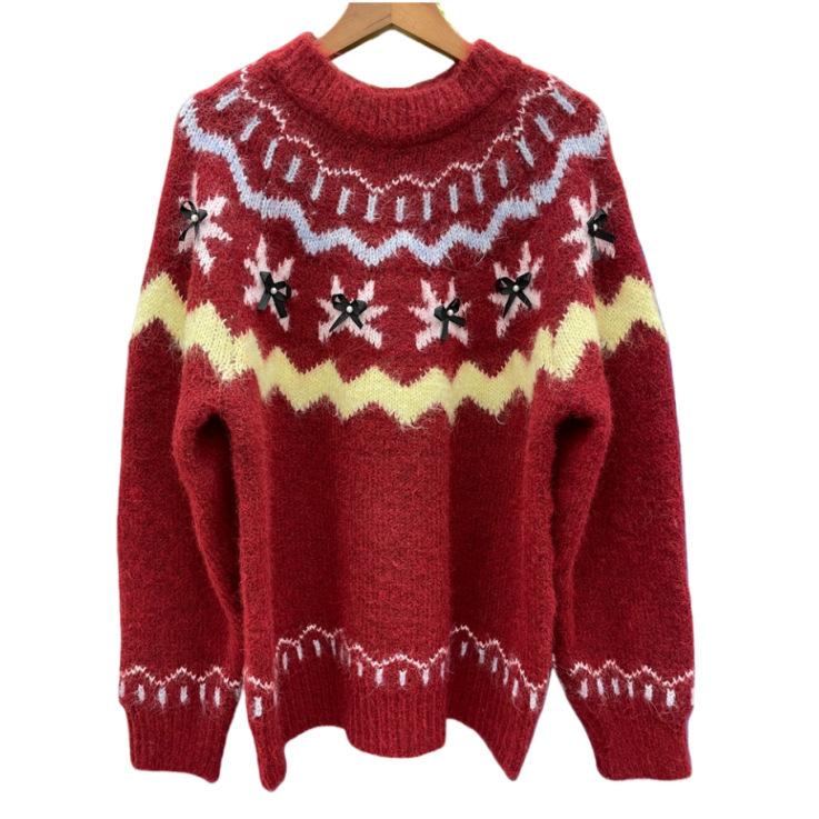 Fair Island Knitted New Round Neck Loose Contrasting Large Size Sweater Autumn And Winter Women'S Jacquard Knitted Sweater