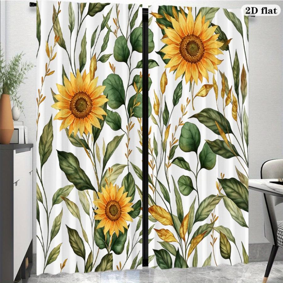 2PCS Digital Printed Curtains, Sunflower Green Branch Nature Botanical, Rod Pocket Window Drapes for Living Room Bedroom Decor