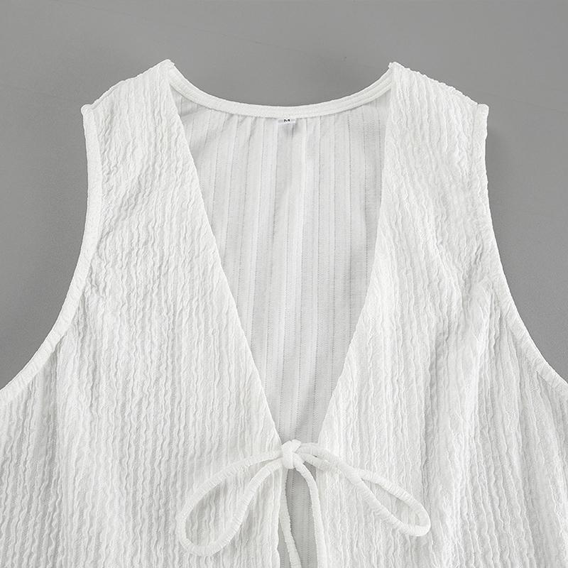 Women's Loose Shorts Sets Casual White Crepe Fabric V-neck Sleeveless Lace Up Vest Elastic Waist Shorts Summer 2-piece Set