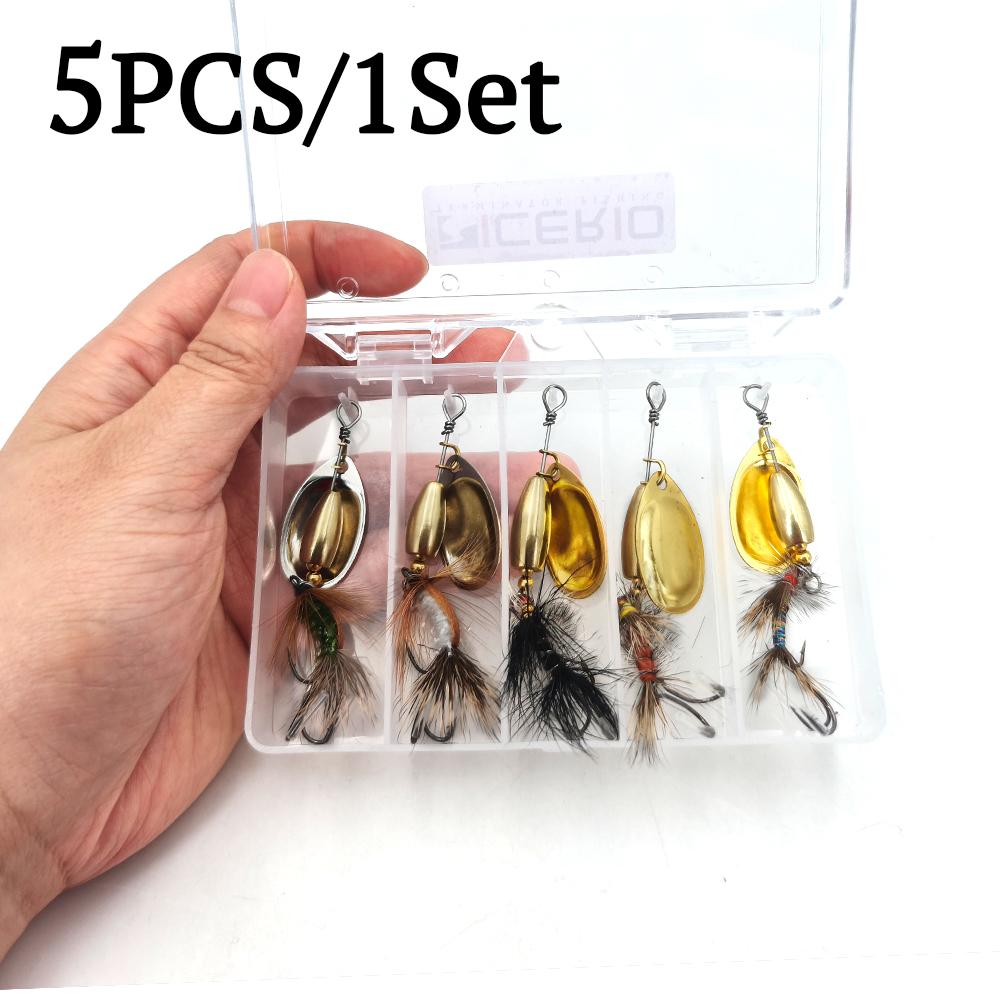 

5PCS Rooster Tail Spinnerbait Fishing Lures with Hand-Tied Fly Tail - Metal Spinner Blade Bait Kit for Trout, Bass, Pike & Salmon