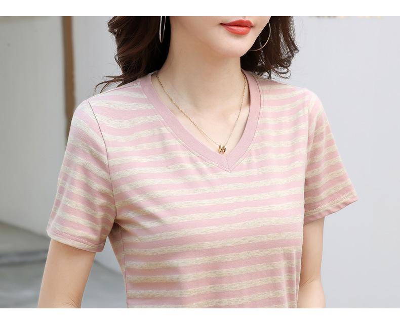 Striped Color Block V-Neck Retro Short Sleeve Women's Stylish Summer Top - New Arrival 