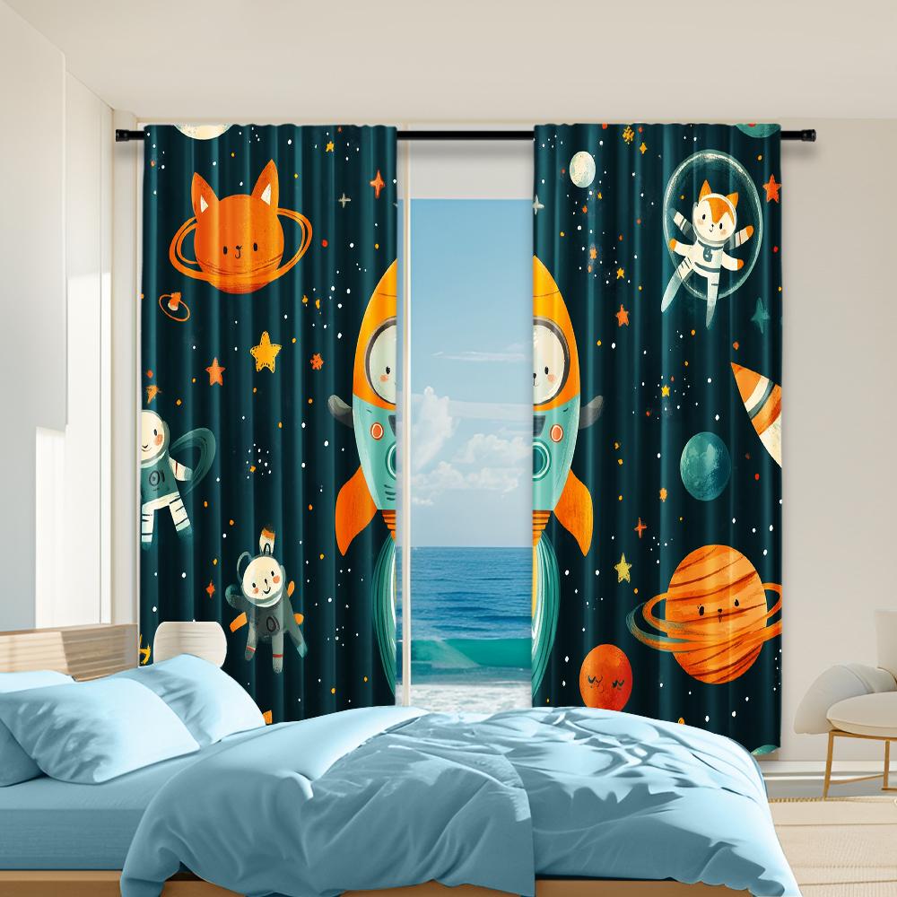 

2 pcs versatile polyester transparent curtains for home decoration Cartoon Spaceman Outer Planet for use in bedrooms and living 100*130 Rod Pocket 1pcs