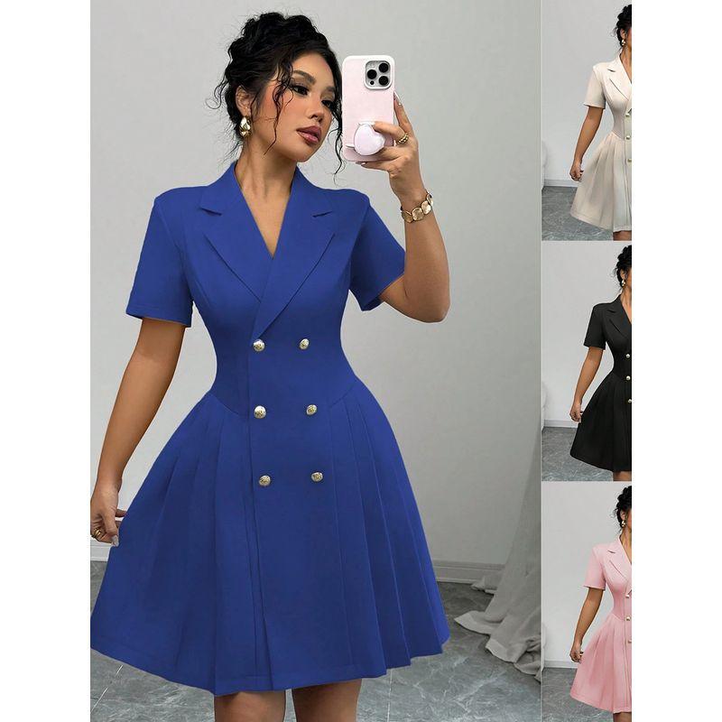 and American Plus size Temperament Work Commute Short dress Summer New Solid Short sleeve Waist Hugging Double Breasted One piece Dress Women clothing