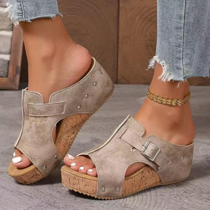 Women’s Studded Wedge Sandals, Chunky Heel, Summer Casual Slip-Ons