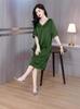 Thirteen Rows Satin V-Neck Short Sleeve Dress for Middle-Aged Women