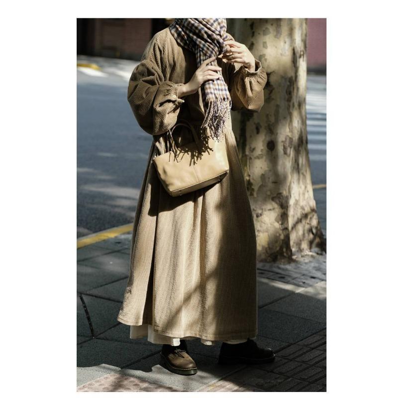 Sladké šaty s nabíranými rukávy Khaki Volné Dlouhý rukáv Sukně