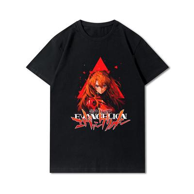 Plus Size Evangelion Printed Men T Shirts Round Neck Cotton Tops Summer Anime Casual Black Tees