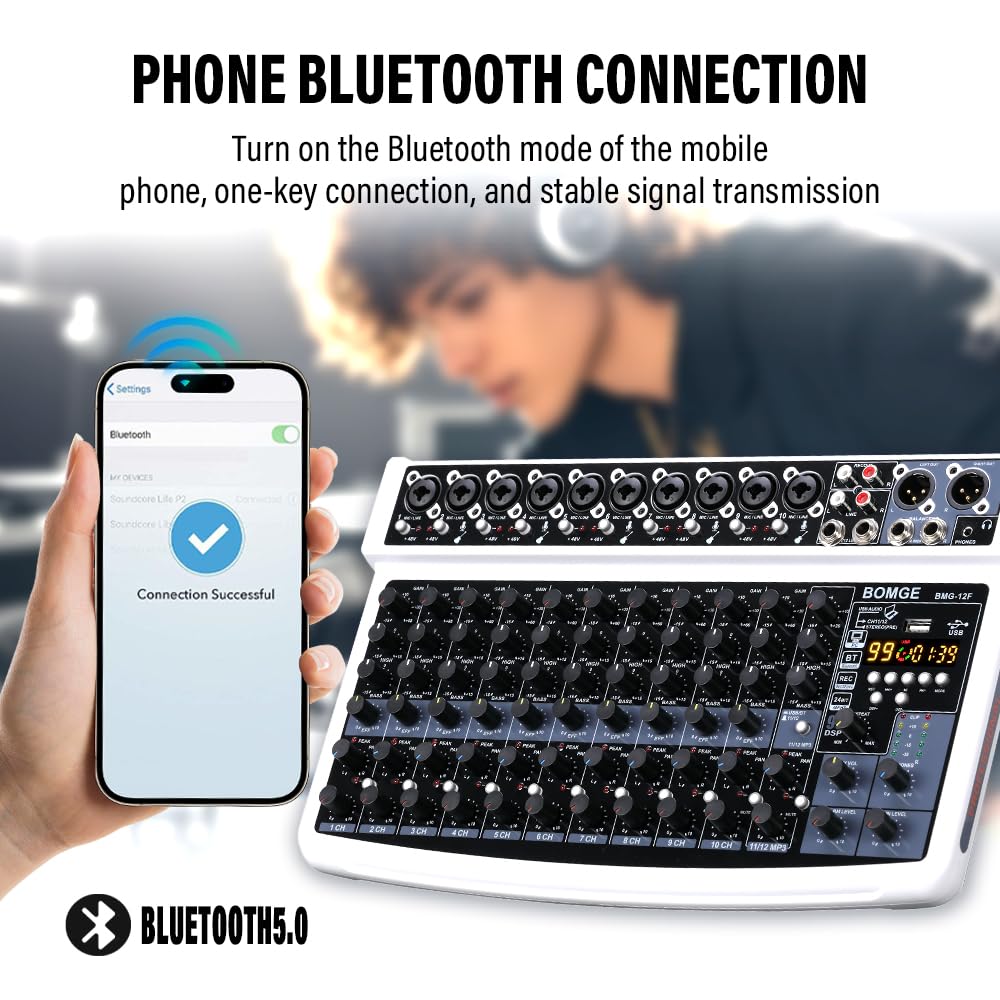 BOMGE Professional Audio Bluetooth Studio Mixer with 48V and 99 DSP Effects Professionals and 12-Channel Mixer, USB, Power, XLR/RCA Inputs, (For