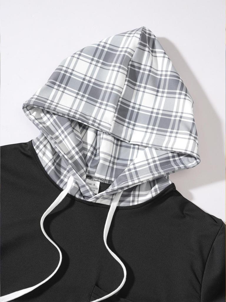 2025 Men's Plaid and Solid Color Hooded Long Sleeve Sweatshirt for Spring and Autumn