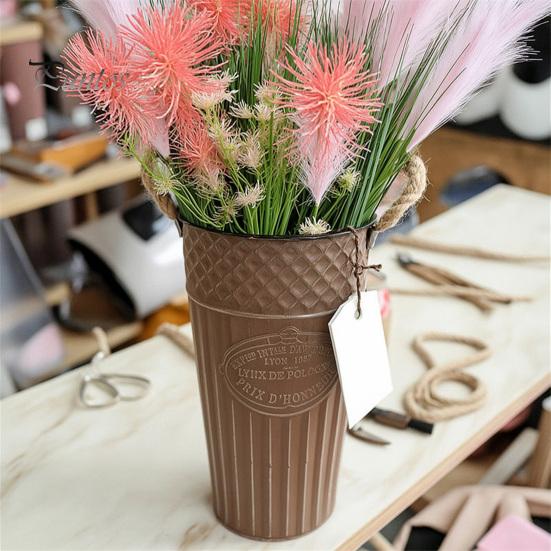 Retro Style Metal Flower Pot Vintage Buckets, Rustic Vases with Handles, Floral Containers, Wide Balcony Arrangement Holder Mouth Plant Display