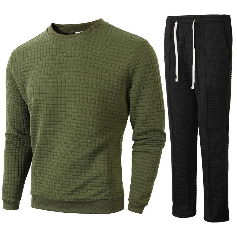 Höst och Vinter Ny Rund Hals Långärmad Rutig Casual Underdel Skjorta Herrbyxor Set